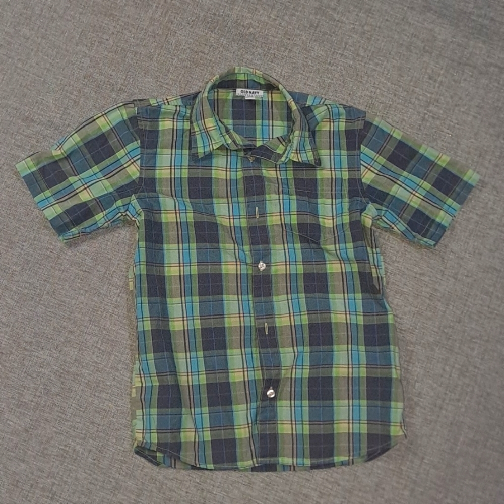 Old Navy Green Teal and Navy Blue Plaid Boys Button Down Short Sleeve YLG
